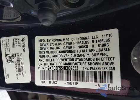 2017 Honda Civic Lx from USA, damaged, VIN 19XFC2F55HE007853